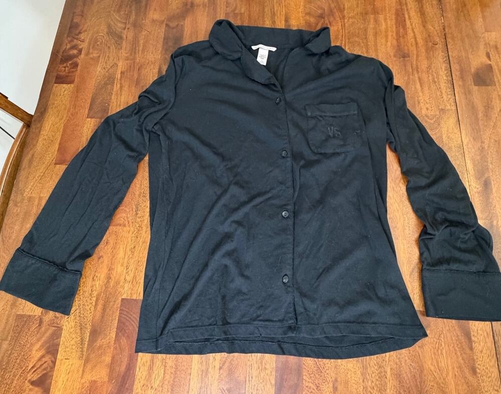 Victoria's Secret Womens M Black Button Up Pajama Sleep Shirt Long Sleeve